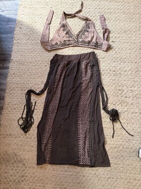 Festival Bohemian Brown/Mauve Maxi Skirt with Geometric Embroidery